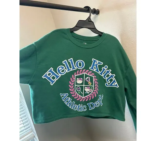 Hello Kitty Sanrio Athletic Cropped Crew Neck Kelly Green Tennis Sweater Sz XL - Picture 1 of 9